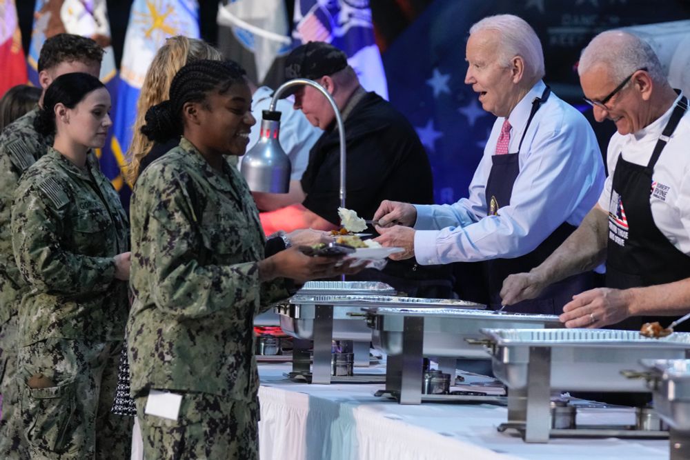 President Biden serving food to troops, 2023 https://www.militarytimes.com/news/your-military/2023/11/19/bidens-start-thanksgiving-week-by-having-dinner-with-service-members/