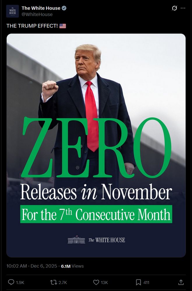 white house graphic of trump that says "zero releases in november for the 7th consecutive month"