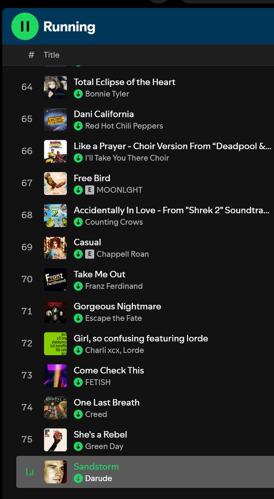 (spotify screenshot) Here’s the text extracted from the image: --- **Running** (# | Title) 64. Total Eclipse of the Heart – Bonnie Tyler 65. Dani California – Red Hot Chili Peppers 66. Like a Prayer - Choir Version From 