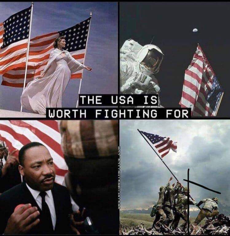 "the us is worth fighting for" meme with photos of colombia, the man on the moon, mlk, and the flag at iwo jima