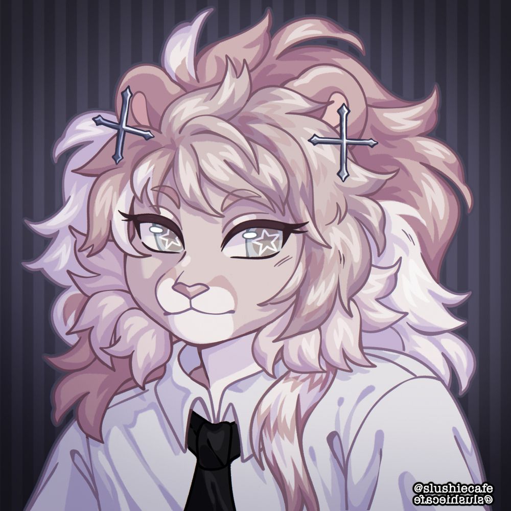 A digital drawing of a light beige anthro lion man. He has a big light tan mane with stripes of white. He wears cross earrings, a white dress shirt, and a black tie. He is looking to the right of the viewer with a neutral frown.