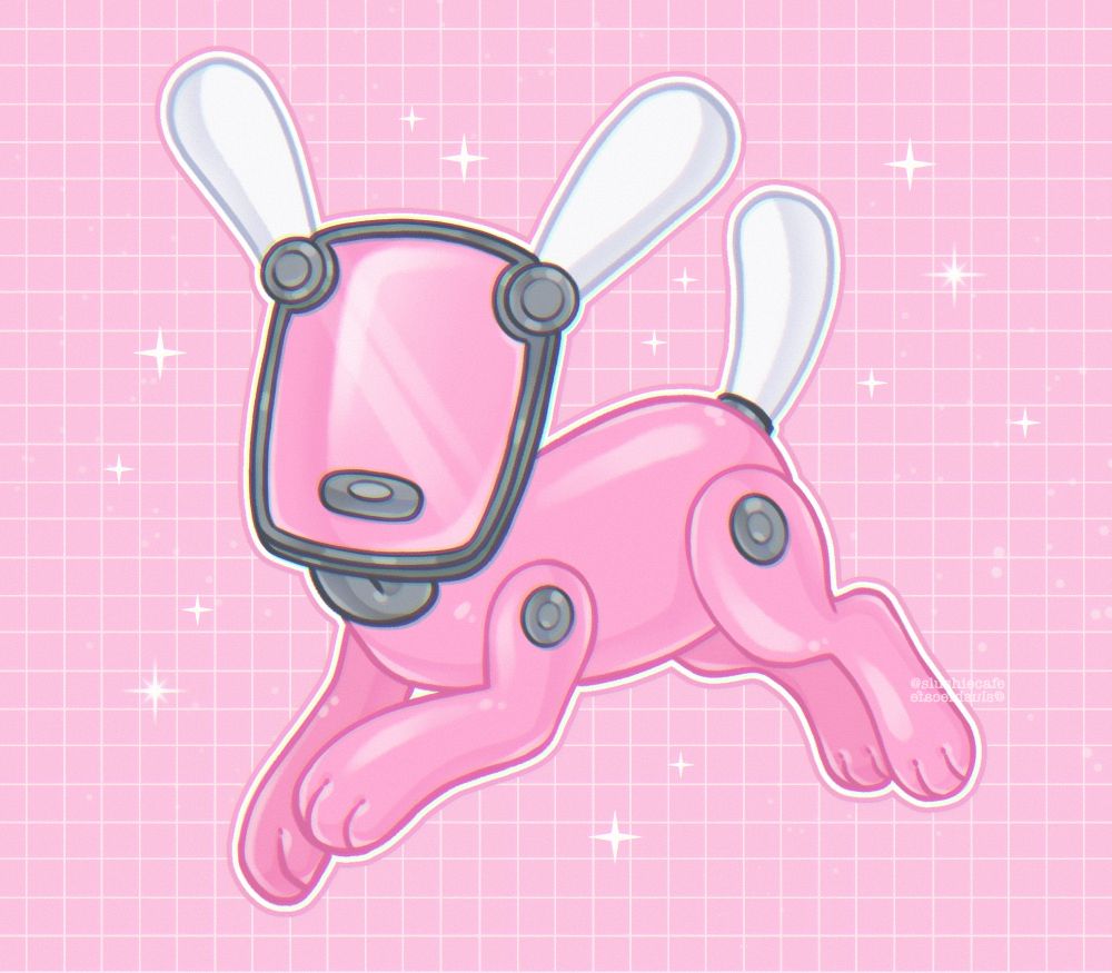An illustration of a pink idog toy jumping through the air, presumably chasing after a ball off screen. It's tongue sticks out under it's face plate.