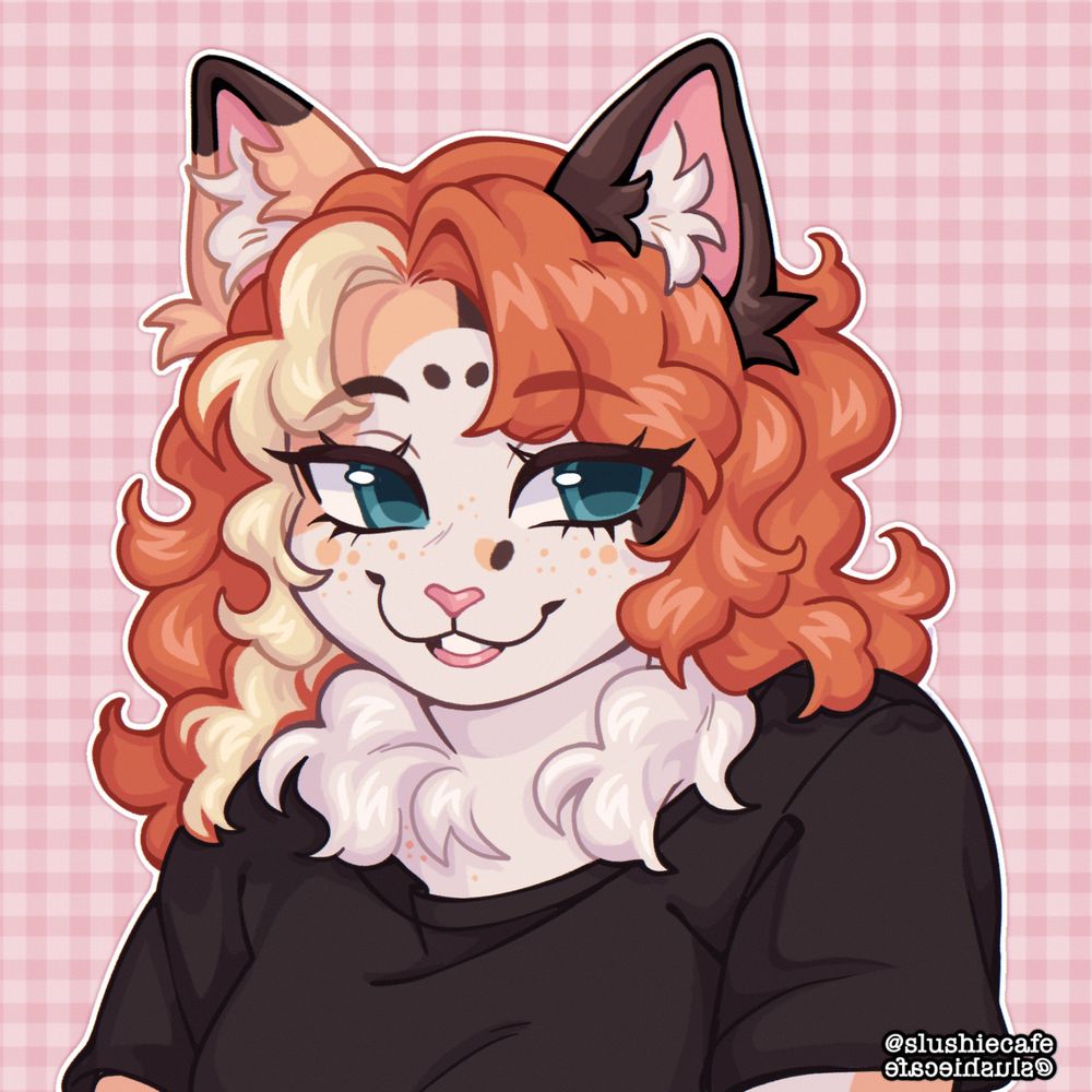 A digital drawing of an anthro calico cat character captured from the shoulders up. They have shoulder length curly red hair with a yellow streak and fluffy curly fur on their neck and ears. They wear an oversized black shirt. She is smiling while looking to the right of the viewer.