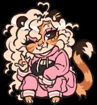 A chibi drawing of a golden tiger anthro woman with blonde curly hair and pink althleisure wear. She sits while winking at the viewer and holding up a rock hand gesture.