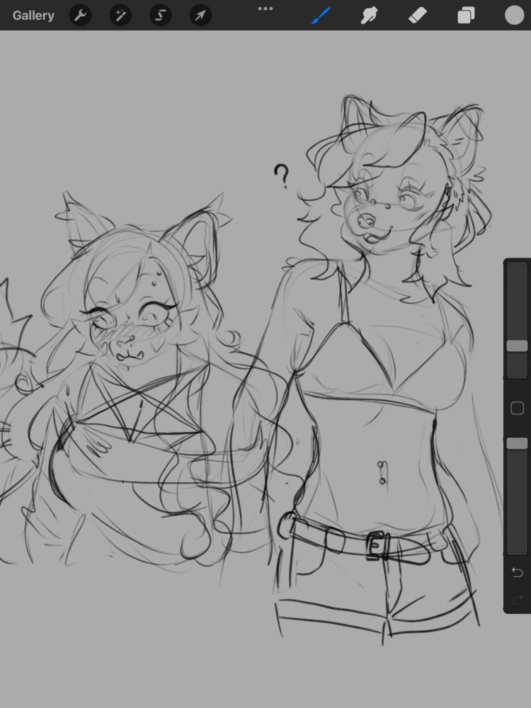 A sketch of Maeve, an anthro binturong, and Lonnie, an anthro husky. Maeve is nervously sweating while avoiding eye contact with Lonnie, who looks a bit confused but is smiling at Maeve in her performance outfit (a bra and low rise shorts). 