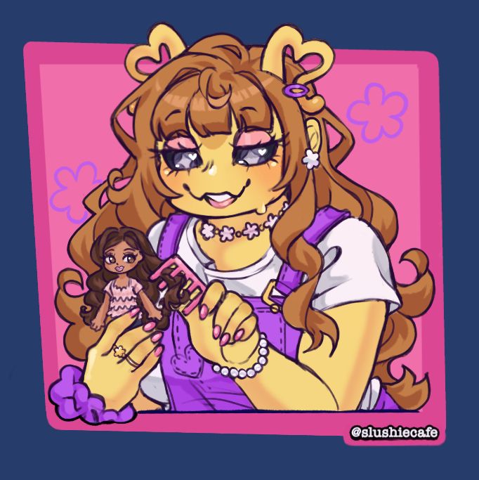 A bust of a yellow slug anthro brushing a bratz kidz doll's hair. She has long light brown and wears a white t shirt, purple overalls, and several matching hair and jewelry accessories.