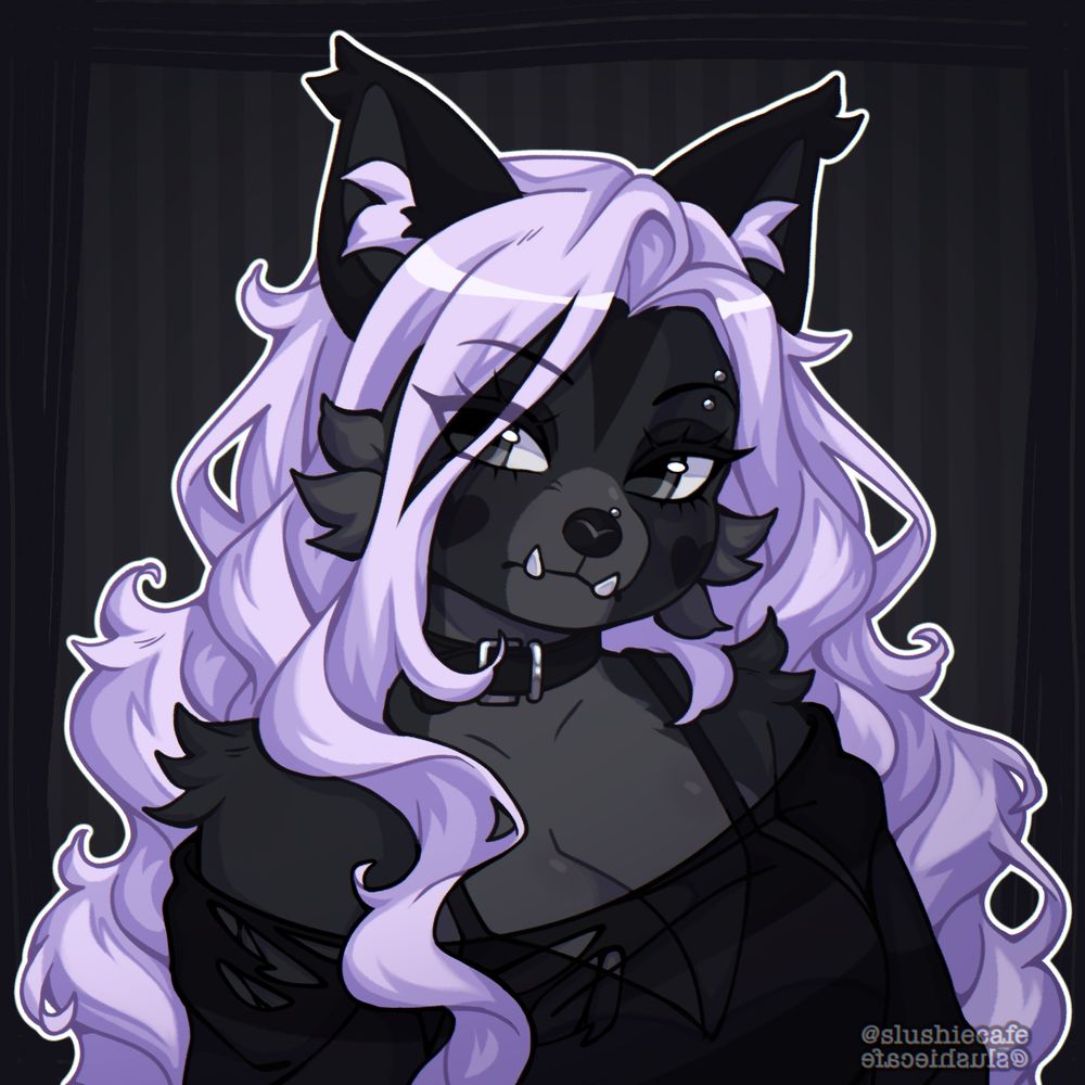 A headshot of a black and gray binturong anthro with long curly purple hair. They have a neutral expression with exposed lower fangs and wear a torn up see-through striped shirt over a black tank top.