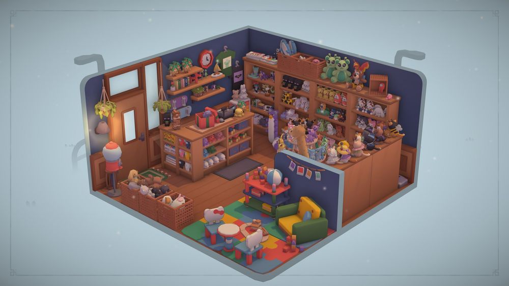 A square diorama of a toy store. It has several shelves and bin of various toys and plush, a small toddler play area, and a checkout counter.
