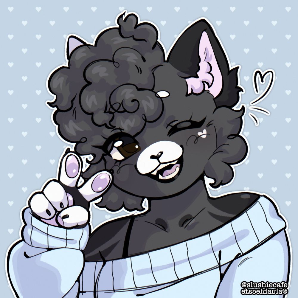 A colored digital sketch of Pancake, a gray cat anthro with curly hair. He has asymmetrical white and black markings and heart on his cheek. She wears a light blue sweater. Pancake is captured from the shoulders up winking at the viewer with a wide smile and a holding up a peace sign with her left paw.