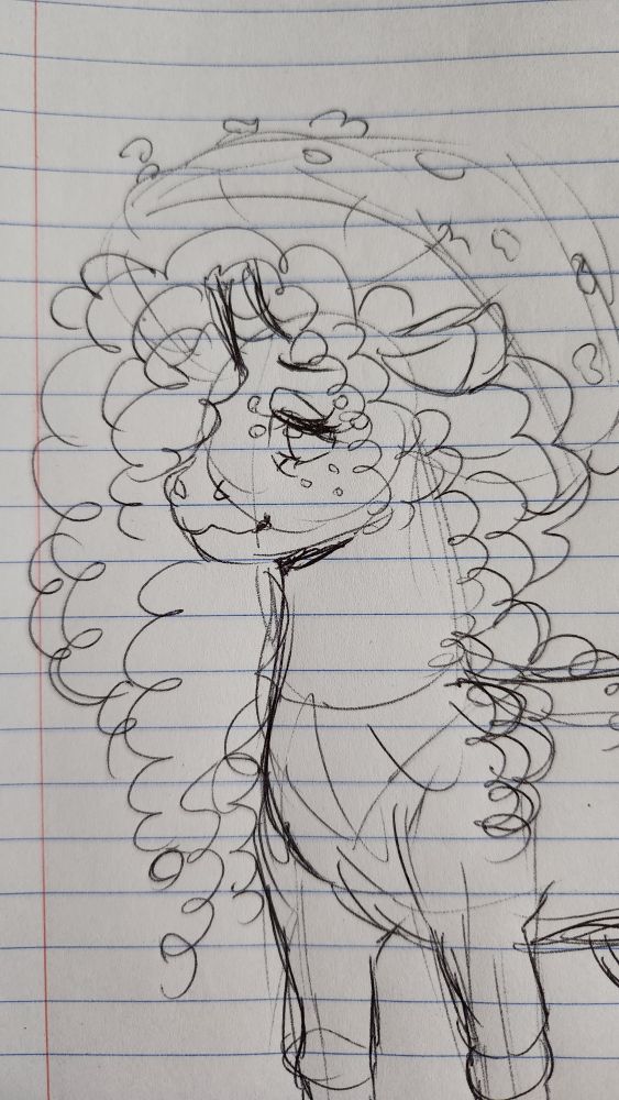 A sketch of a unicorn with coiled textured hair and a large mushroom hat. She has a broken curved horn, freckles, and eyelash jewels. She is looking towards the camera with a sleepy expression.