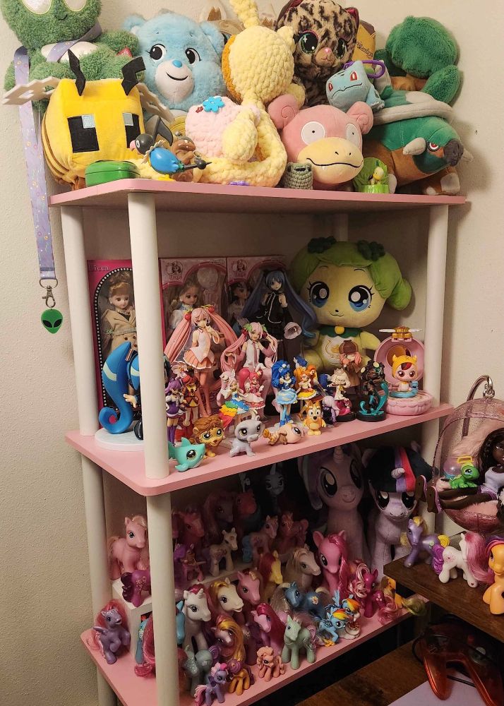 photograph of a pink shelf full of my little pony toys, anime figures, and plushies.