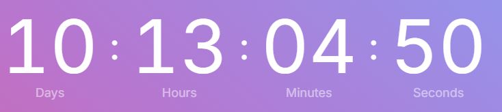 The image shows a countdown timer with the following values:

Days: 10
Hours: 13
Minutes: 04
Seconds: 50
The background has a gradient of purple and pink shades, giving it a soft, colorful appearance. The numbers are white, bold, and evenly spaced with labels for each time unit ("Days," "Hours," "Minutes," "Seconds") displayed in a smaller font beneath the numbers.