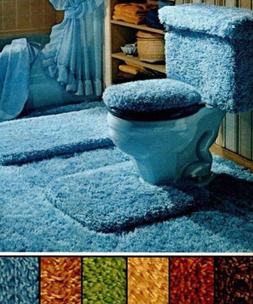 bathroom with carpet, including the toilet lid and tank :'(

taken from what looks like an ad with other color samples across the bottom :'((