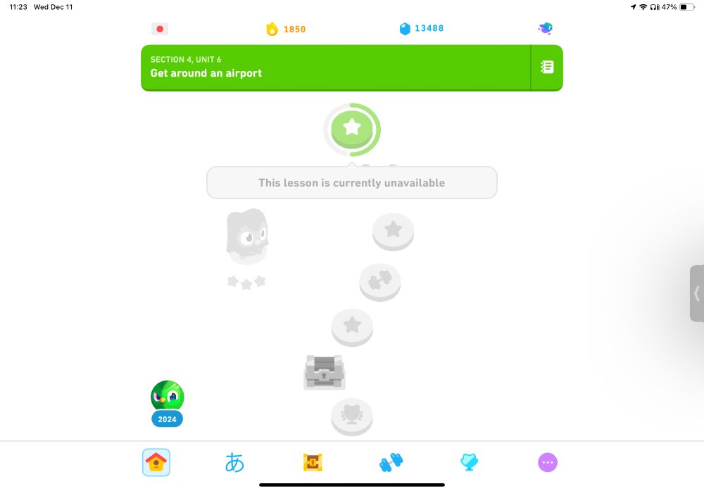 The same lessons-path screenshot as earlier except now the “Continue” is gone, replaced with “This lesson is currently unavailable”, with the remaining lessons greyed out.