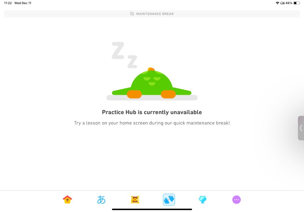 A “sleeping Duo” screen reading:

“Practice Hub is currently unavailable.
Trey a lesson on your home screen during our quick maintenance break!”