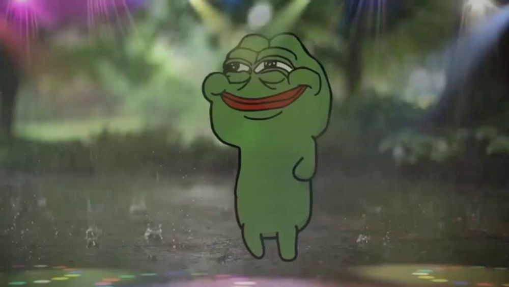 a cartoon frog with a red mouth is dancing in the rain