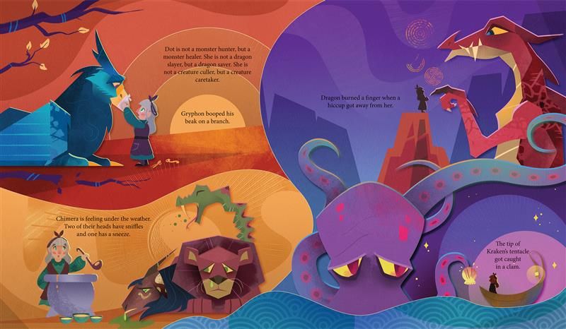 A sample page from Monster Mender, a picture book written by Christine Baldacchino, and illustrated by Ilona Iske (@efnyea.bsky.social). 