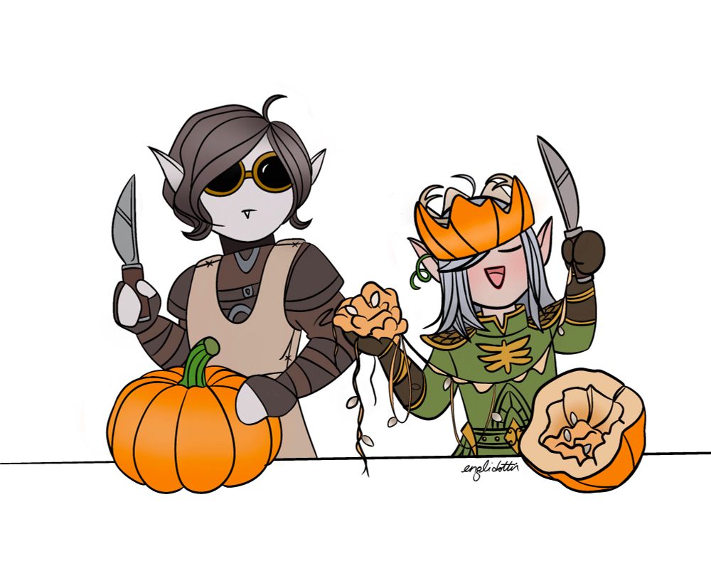 A drawing of Dot and Fennorian. Fennorian is wearing protective goggles and an apron. In one hand he holds a knife, while his other hand rests on a medium-sized pumpkin. Dot is holding a knife in one hand and pumpkin innards in her other. Her pumpkin is cut in half - one half remains on the table, while the other half has been cut into a crooked crown she’s wearing on her head. 