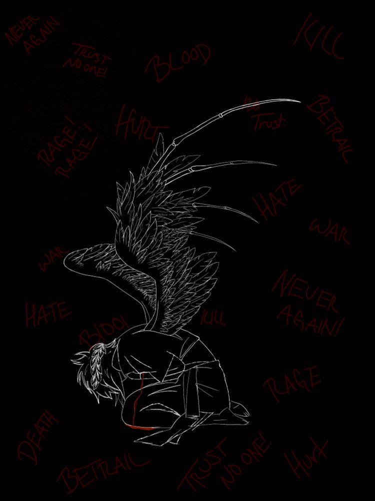 Drawing of a winged person kneeling on the ground with a torn left wing