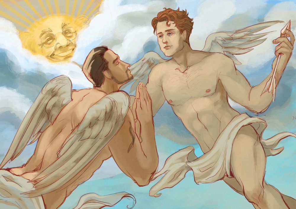A drawing of cherubic Mac Macdonald praying to a cherubic Dennis Reynolds from Its Always Sunny in Philadelhia. They are floating amongst cumulus clouds behind which a beaming sun with a face like Danny DeVito shines upon them and their questionable nature of their love and devotion