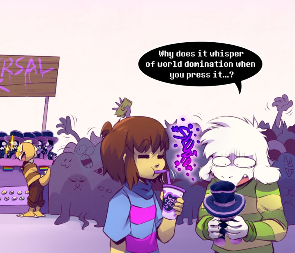 Artwork for the Void Plushie from underevent. Frisk and Asriel are seen in the foreground holding the plush, as Mettaton and Gerson are advertising it in the background. 