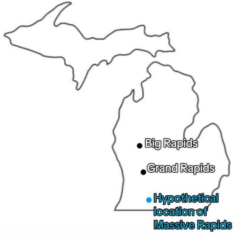 michigan map showing big rapids, grand rapids beneath that, and beneath that text that reads “hypothetical location of Massive Rapids”