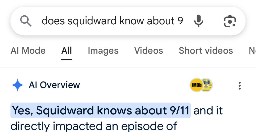 google search result for search “does squidward know about 9…” AI Overview: Yes, Squidward knows about 9/11 and it directly impacted an episode of