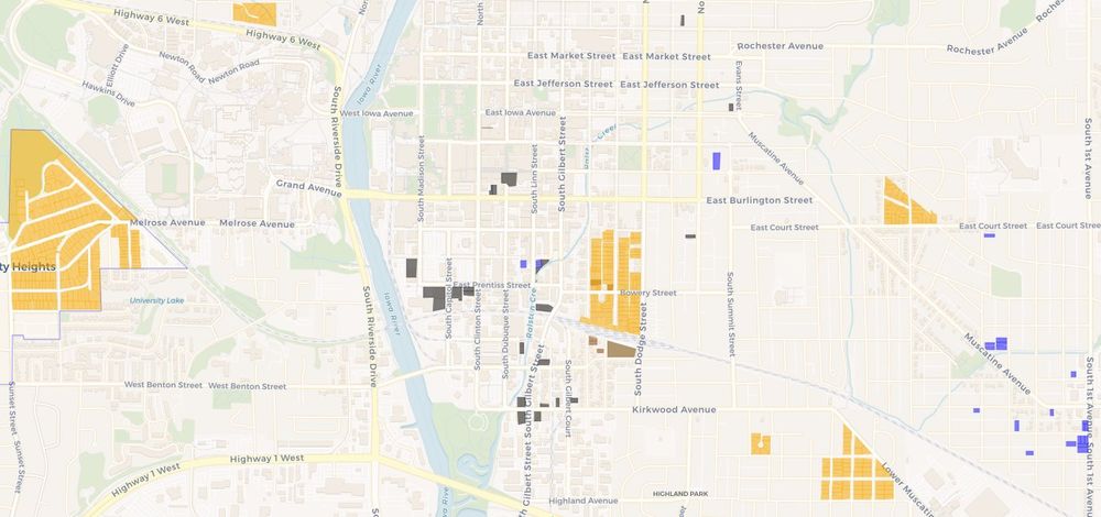 A map of segregated areas in Iowa City and University Heights. Areas with "white-only" housing include all of University Heights, six blocks worth of property around Bowery, seven blocks' worth of property on Lower Muscatine, three blocks worth of property on Court St, a block in Manville Heights, and a block near Grant Wood Elementary.