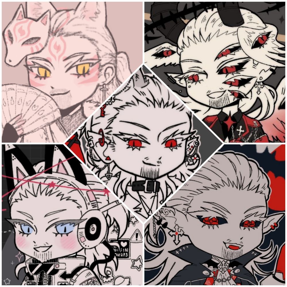 collage of jay in different alternative universes: as a youko (fox spirit), as a fallen angel, the Wolf, space fox and vampire.