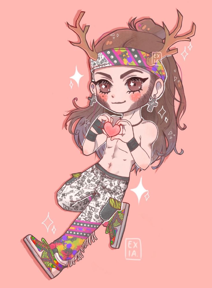 digital drawing of AEW wrestler Matt Jackson, with deer antlers, holding a little heart on his hands, and wearing a colorful and sparkling gear