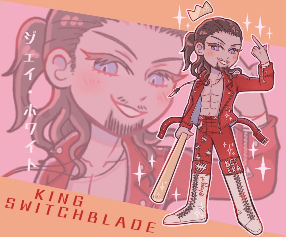 chibi fanart of jay white with a crown, and wearing his signature red leather gear, holding the golden stolen bat and making his signature gun sign.

( #aew | #art tags for my personal art feed. )
