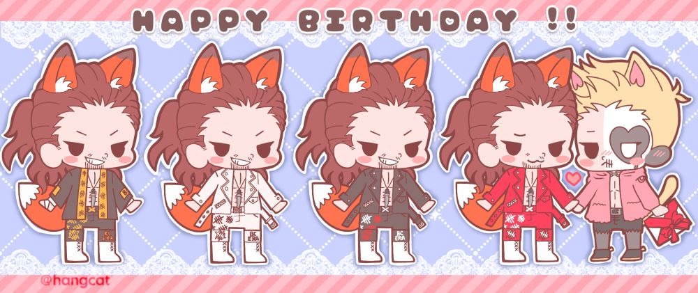 chibi fanart of jay white, resembling kotobukiya straps style. he is wearing four of his signatures wrestling attires. the last one is receiving a gift from darby.

( #aew | #art tags for my personal art feed. )