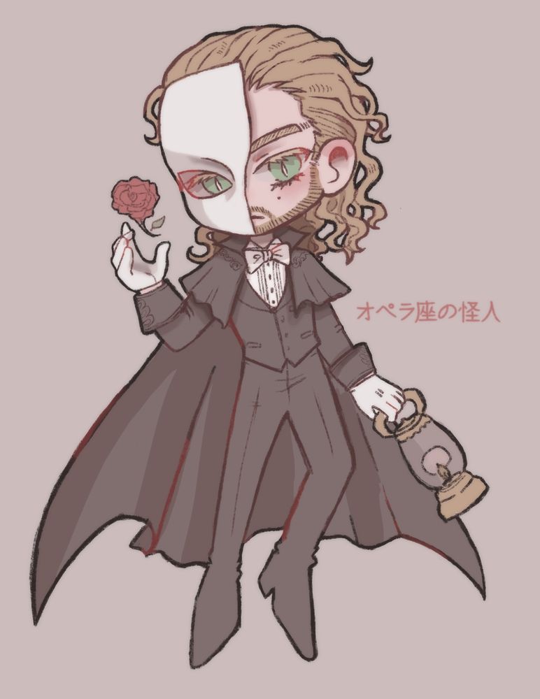 ハングマン・アダム・ペイジが「オペラ座の怪人」のエリックに扮して、ランタンとバラを持っているちびキャラのスケッチ。

chibi sketch of hangman adam page dressing up as erik, from phantom of the opera, holding a lantern and a rose.

( #aew | #art tags for my personal feed. )