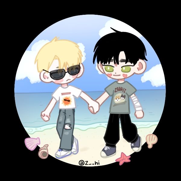 picrew characters, resembling Chuck Taylor and Orange Cassidy, holding hands in the beach.