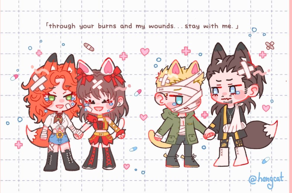 chibi fanart of jamie hayter, riho, darby allin and jay white. on the left, is jamie and riho with bandages, smiling at each other with tears. on the right, darby is covered in burn bandages, and holds hands with jay, with arm and head injuries. medical symbols, hearts, and pastel decorations surround them. at the top, the text reads: "through your burns and my wounds… stay with me."

( #aew | #art tags for my personal art feed. )