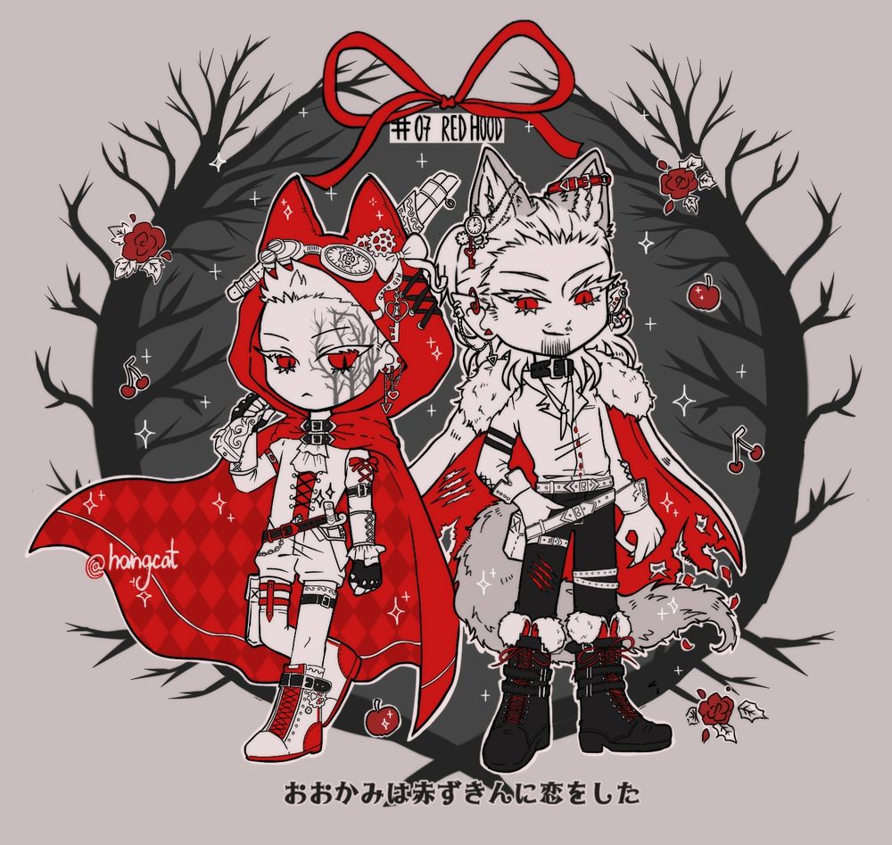 赤ずきんをモチーフにしたジェイとダービーのちびキャライラスト。ダービーは赤いフードのマントとショーツを着ており、森のような模様のフェイスペイントをしている。ジェイはオオカミ姿で、毛の生えた耳としっぽ、赤い裏地のマントを身につけている。ゴーグルや歯車など、スチームパンク風の小物が加えられている。黒い木々、赤いバラ、リンゴで囲まれ、赤・黒・白の配色で描かれている。

chibi fanart of jay white and darby allin inspired by Little Red Riding Hood. darby wears a red hooded cape, shorts, and belts, with face paint resembling a dark forest. jay appears as the wolf, with furry ears, a tail, and a red-lined cloak. both have small steampunk details like goggles and gear accessories. the scene is framed by black trees, red roses, and apples, using a red, black, and white color palette.

( #インクトーバー | #AEW tags for my personal inktober art feed. )