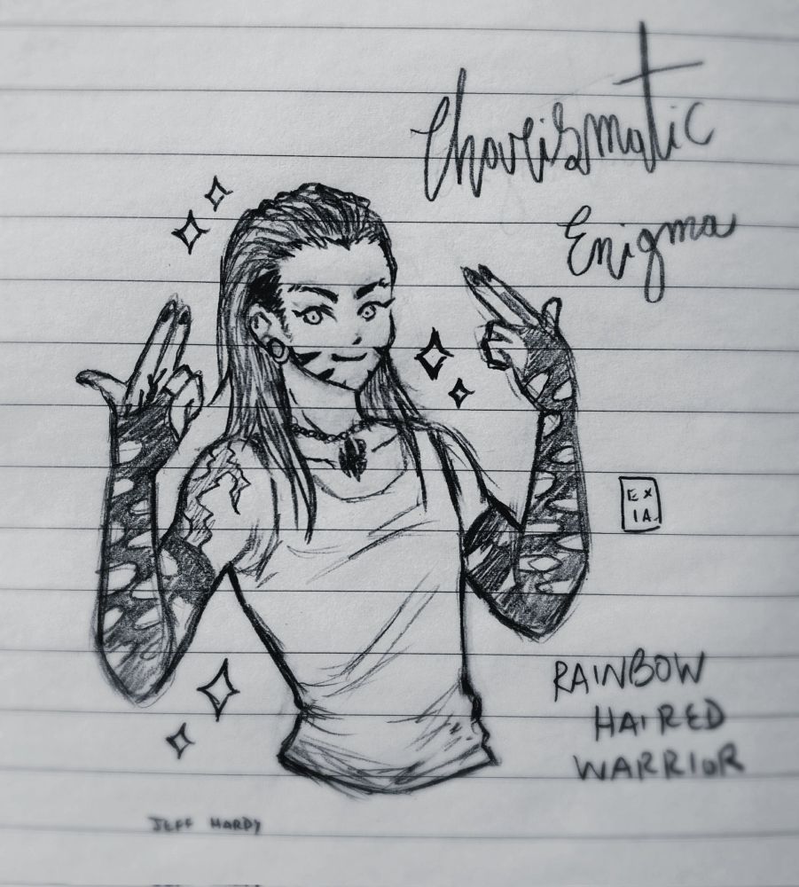 traditional sketch of Jeff Hardy, making his signature finger-guns gesture.