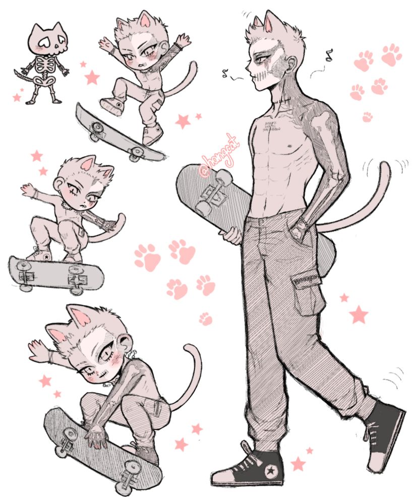 rough sketch of darby allin with a skateboard. there are some cat chibi versions of him doing skate tricks, and a cat skeleton at the top left. colors are monochromatic with pink details. ( #aew | #art tags for my personal art feed. )