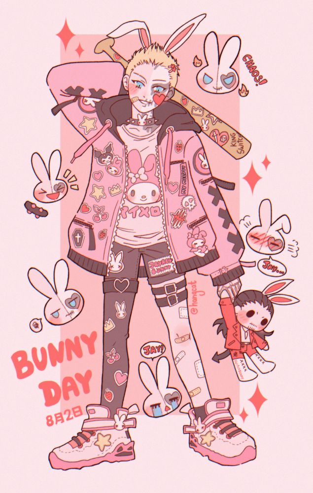 jayrby fanart for bunny day (バニーの日). darby has white bunny ears, a bandage on his cheek, and wears a sanrio's my melody hoodie covered in stickers and patches. he holds a tiny plush version of jay white wearing bunny ears and kuromi’s tail. the background is filled with floating darby bunny heads. text reads “bunny day 8月2日” in bold letters.

( #art | #aew tags for my personal art feed. )