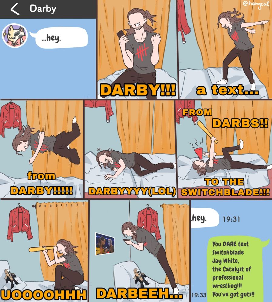 Parody illustration of "When your crush texts you," featuring Jay White reacting wildly to a late message from Darby.