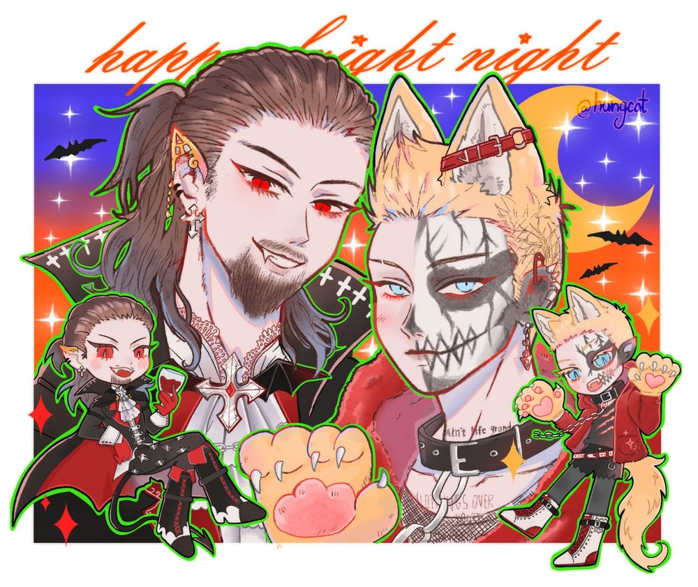 ハロウィンのファンアート。ヴァンパイアのコスプレをしたジェイ・ホワイトと、オオカミ男のコスプレをしたダービー・アリンが一緒にポーズしている。背景にはコウモリや星、三日月などのハロウィンの飾りがある。隅には二人のちびキャラも描かれている。

halloween fanart of jay white dressed as a vampire and darby allin. dressed as a werewolf, posing together with halloween decorations in the background, like bats, stars, and a crescent moon in the background. there are also two chibi forms of them at the corner.

( #AEW | #art tags for my personal art feed. )