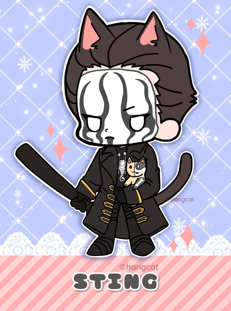 chibi version of sting, holding kitten!darby, resembling kotobukiya-style strap designs.