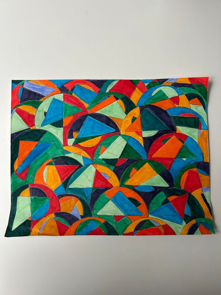 Geometric art by Paul Vinelli featuring triangles and half circles. The geometric intersections are marked by an assortment of different colors.
