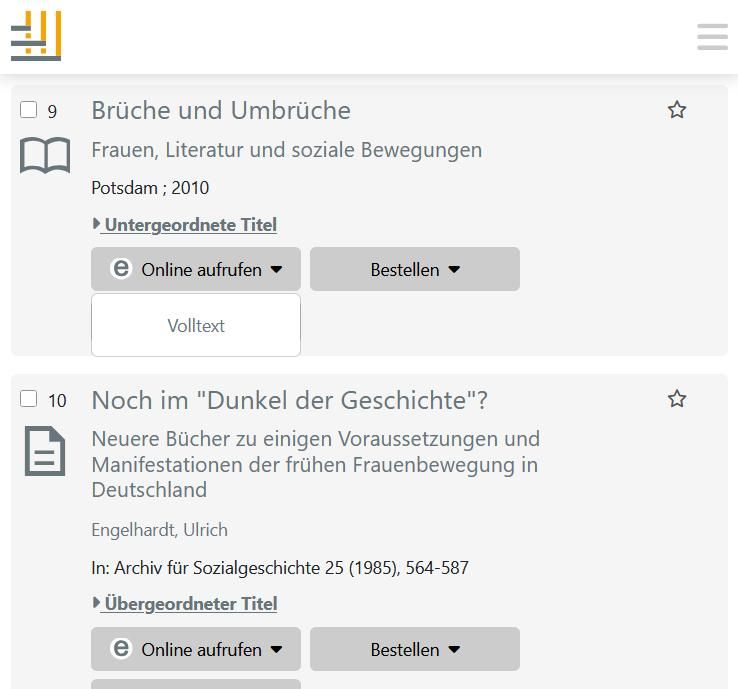 Trefferliste einer Suche in der DHB mit der Option Titel online im Volltext aufzurufen.