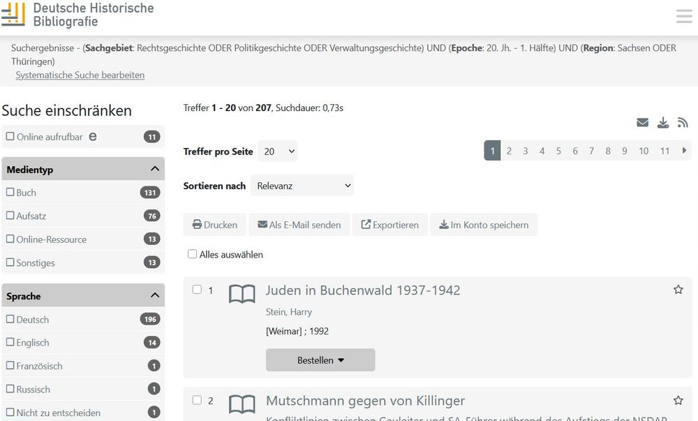 Trefferliste einer Systematischen Suche in der DHB. 