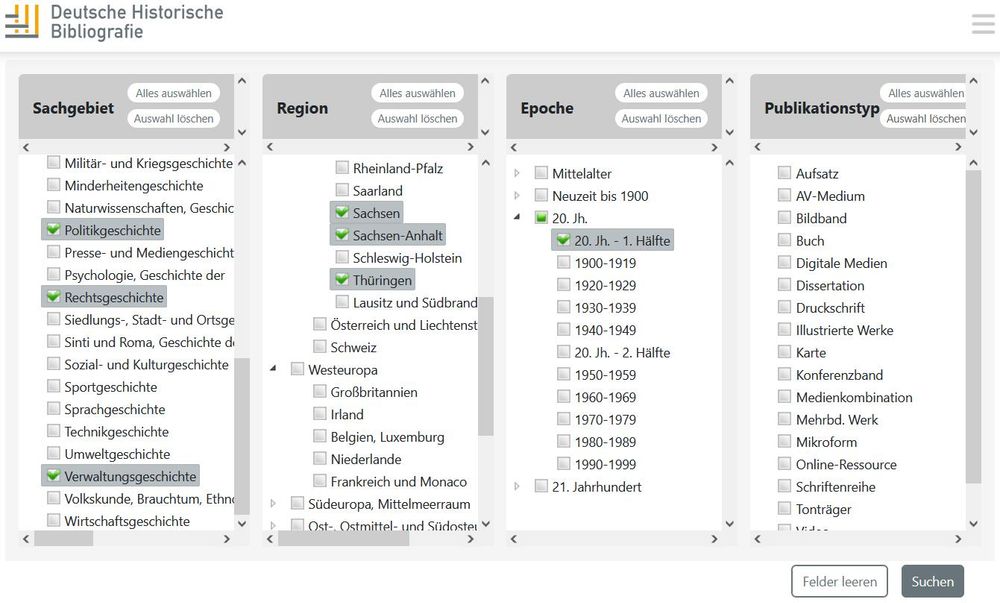 Screenshot der Systematischen Suche in der DHB. Bei Sachgebiet sind Politik-, Rechts- und Verwaltungsgeschichte, bnei Region Sachsen, Sachsen-Anhalt und Thüringen und bei Epoche die erste Hälfte des 20. Jahrhundersts angekreuzt.