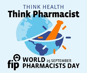 cartoon image of the earth as a pestle and mortar on a pale blue background with the words Think Health, Think Pharmacist at the top of the image and fip World Pharmacist Day 25 September at the bottom