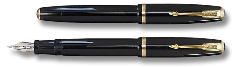 In occupied France, the Germans did not allow Parker’s licensed manufacturing agent, Fernand Laureau, to produce pens bearing the Parker brand because Parker was an American company. The resourceful Laureau, however, invented a new brand, Plexor, and continued producing pens of Parker design. As illustrated by the button-filling pen shown here, imprints were changed, and the Split Arrow clip was redesigned to read PLEXOR instead of PARKER. As in Germany, gold was heavily restricted by the Nazis, so Plexor pens had steel nibs. Except for these changes, Laureau’s wartime pens were identical to his prewar production.