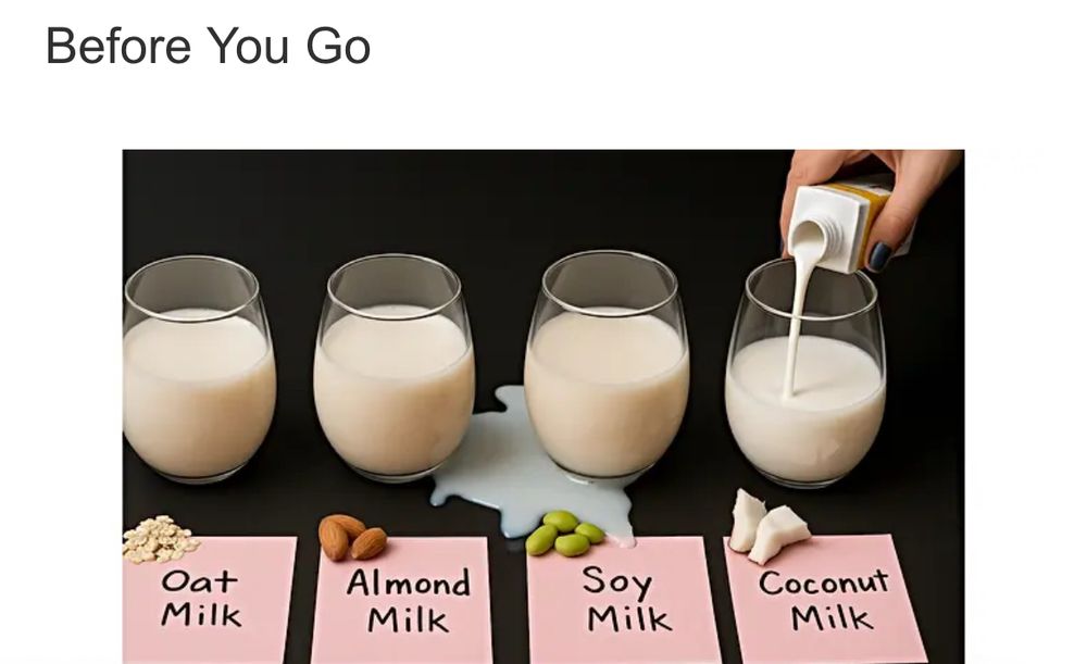 an advertisement that will miss you when you leave, offering oat, almond, soy and coconut milk. they just want you to have options and stay hydrated with milk, i guess