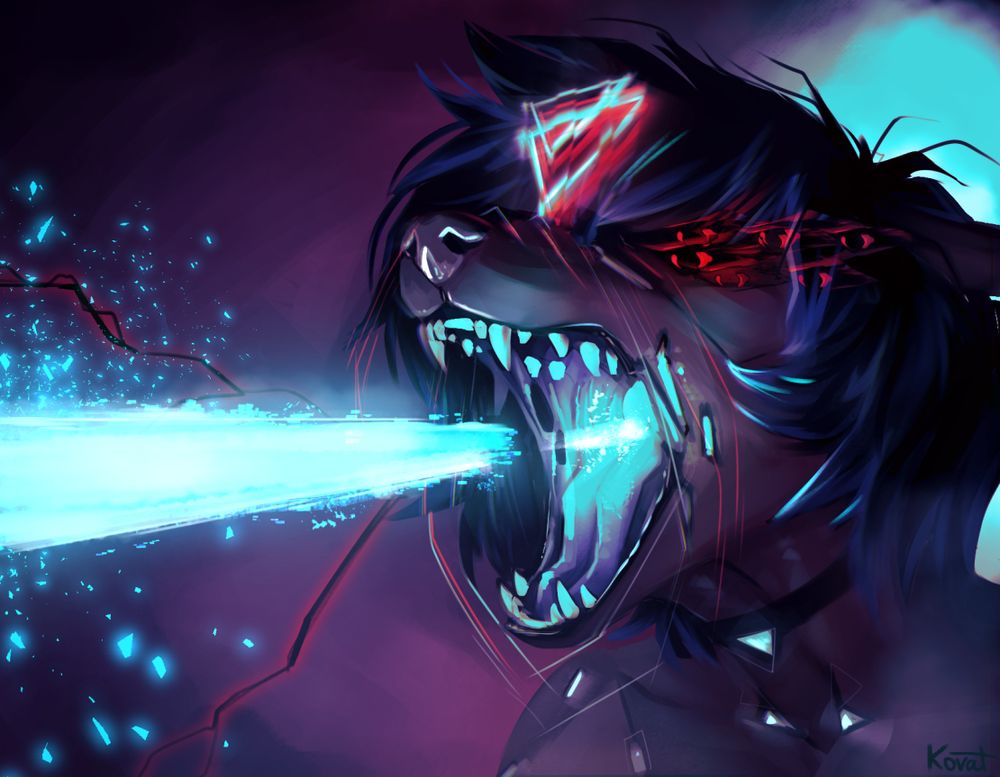 a very angry yote, so angry her mouth is breaking apart as she fires a laser hot enough to melt eyeballs from it. her eyes are glitching out , along with her delta symbol